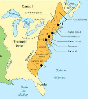 Mapa mostrando as treze col&ocirc;nias inglesas