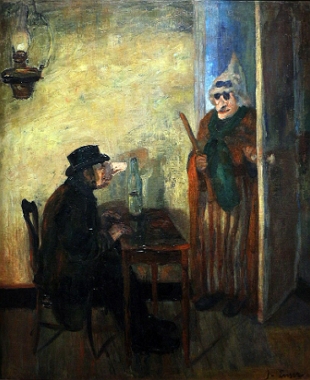 Pintura mostrando duas pessoas usando m&aacute;scaras