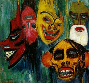 Pintura representando máscaras coloridas