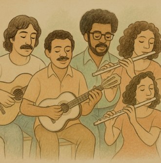 Figura mostrando quatro m&uacute;sicos tocando instrumentos muito usados no Maxixe