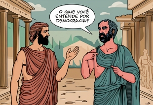 Ilustração mostrando dois filósofos debatendo