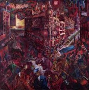 Pintura mostrando uma cidade movimentada da &eacute;poca moderna