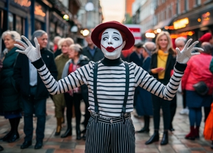 Imagem mostrando um m&iacute;mico fazendo uma apresenta&ccedil;&atilde;o na rua.
