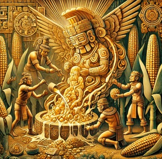 Ilustra&ccedil;&atilde;o mostrando um deus maia criando um ser humano a partir da massa de milho.
