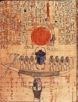 Pintura eg&iacute;pcia com hier&oacute;glifos sobre a cria&ccedil;&atilde;o do mundo de acordo com a mitologia