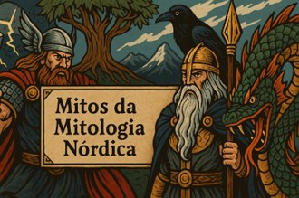 Ilustra&ccedil;&atilde;o mostrando personagens de mitos n&oacute;rdicos