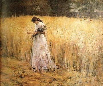 Pintura de uma mulher com vestido branco numa planta&ccedil;&atilde;o de trigo