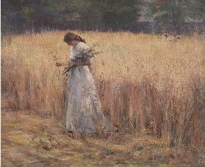 Pintura de uma mulher com vestido branco numa plantação de trigo