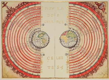 Modelo geoc&ecirc;ntrico de Ptolomeu, num mapa do cosm&oacute;grafo e cart&oacute;grafo portugu&ecirc;s Bartolomeu Velho, de 1568