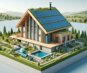 Ilustração de um modelo de casa sustentável com jardim e painéis solares
