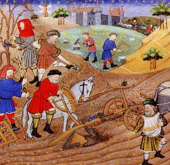 Imagem medieval mostrando servos trabalhando na agricultura
