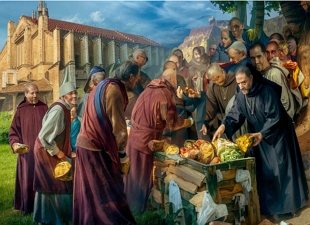 Ilustração mostrando monges praticando a caridade na Idade Média