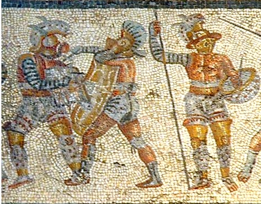 Mosaico mostrando 3 gladiadores romanos com suas armas de combate