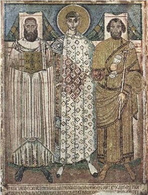 Mosaico da arte bizantina mostrando três religiosos