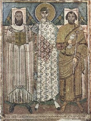 Mosaico da arte bizantina mostrando tr&ecirc;s religiosos
