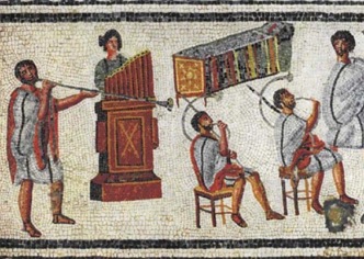 Mosaico romano antigo mostrando m&uacute;sicos tocando seus instrumentos