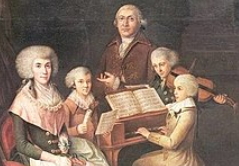 Mozart crian&ccedil;a tocando clavic&oacute;rdio em companhia da fam&iacute;lia