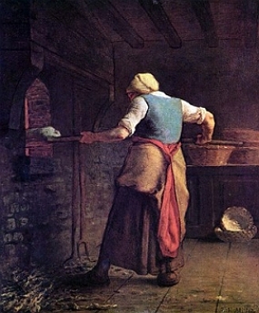 Pintura de uma mulher colocando pão para assar no forno