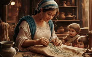 Ilustração mostrando uma mulher ateniense bordando um tecido com duas crianças ao lado.