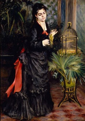 Pintura de uma mulher branca, vestindo um vestido preto e segurando na mão um periquito amarelo.
