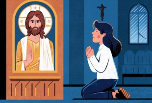 Ilustra&ccedil;&atilde;o de uma mulher orando em frente a uma imagem de Jesus Cristo