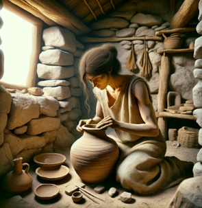 Ilustra&ccedil;&atilde;o de uma mulher fazendo um vaso de cer&acirc;mica na pr&eacute;-hist&oacute;ria