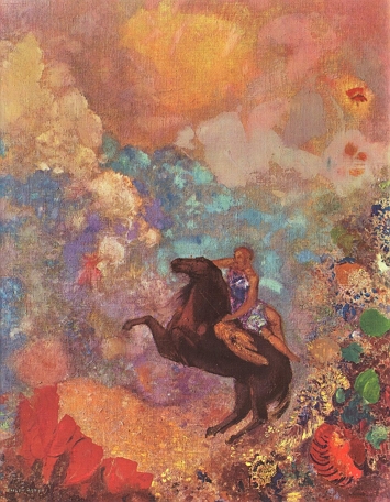 Pintura Musa sobre P&eacute;gaso, obra do pintor Odilon Redon