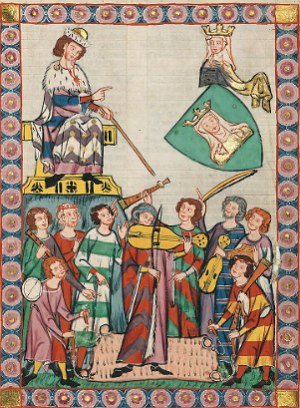 Pintura medieval retratando m&uacute;sicos com seus instrumentos