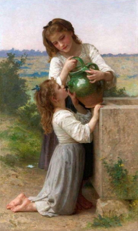 Pintura realista mostrando duas meninas numa fonte de &aacute;gua