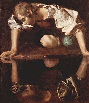 Pintura representando o jovem Narciso vendo sua imagem refletida na água