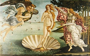 Pintura Nascimento de V&ecirc;nus, mulher saindo de dentro de uma concha
