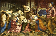 Pintura Nascimento de João Batista de Tintoretto