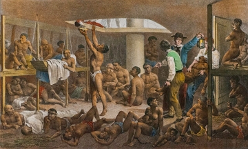 Imagem do por&atilde;o de um navio negreiro no Brasil Colonial