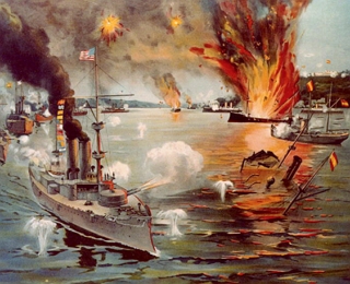 Pintura mostrando navios de guerra dos EUA atacando e afundando navios espanh&oacute;is