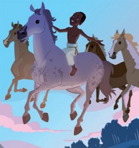 Desenho de um menino negro montado num cavalo e conduzindos outros três cavalos
