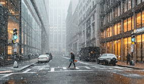 Foto de uma rua de cidade com precipita&ccedil;&atilde;o de neve
