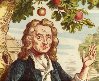 Ilustração mostrando Isaac Newton sentado embaixo de uma macieira enquanto uma maça cai em sua cabeça.