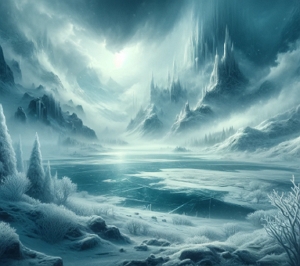 Ilustra&ccedil;&atilde;o representando Niflheim na Mitologia N&oacute;rdica, com montanhas, neve e n&eacute;voa.