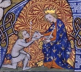 Pintura medieval mostrando um rei e um vassalo