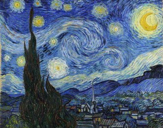 Pintura de Van Gogh mostrando uma noite com muitas estrelas e uma cidade pequena