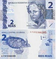 Imagem da frente e verso da nota de 2 reais do Brasil
