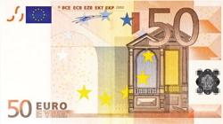 Frente da nota (cédula) de 50 euros.