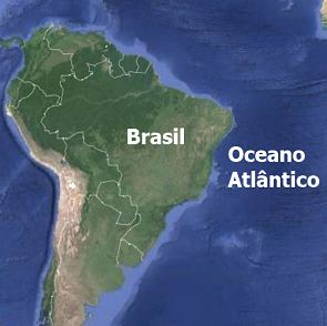 Mapa mostrando o Oceano Atlântico e o Brasil