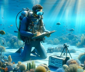 Ilustração de um oceanógrafo fazendo estudos no fundo do mar