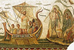 Pintura grega mostrando o heroi Odisseu navegando