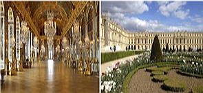 Foto interna e externa do Palácio de Versalhes na França