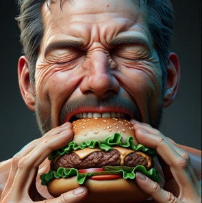 Ilustra&ccedil;&atilde;o de um homem mordendo um hamburguer.