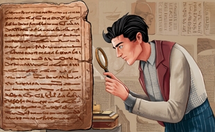 Ilustra&ccedil;&atilde;o de um pale&oacute;grafo analisando um texto antigo