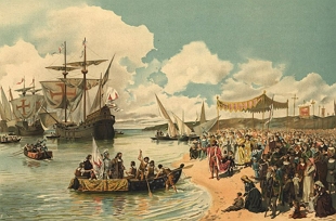 Pintura mostrando a partida da esquadra de Vasco da Gama para as &Iacute;ndias