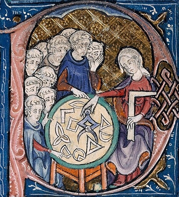 Pintura medieval mostrando uma professora ensinando Geometria